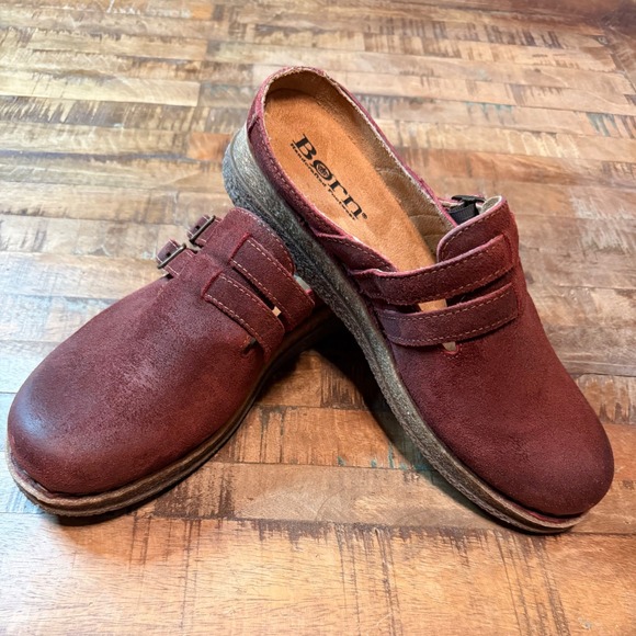 Born Shoes - Born Womens Burgundy Suede Double Buckle Clogs Mules BR0081193 Size 10W 41